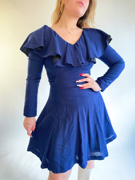 70s Navy Polka Dot Ruffled Mini Dress (S/M)