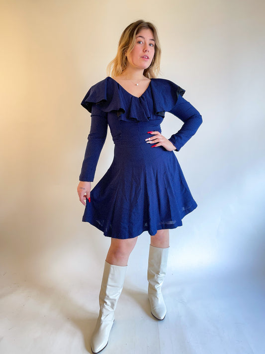 70s Navy Polka Dot Ruffled Mini Dress (S/M)