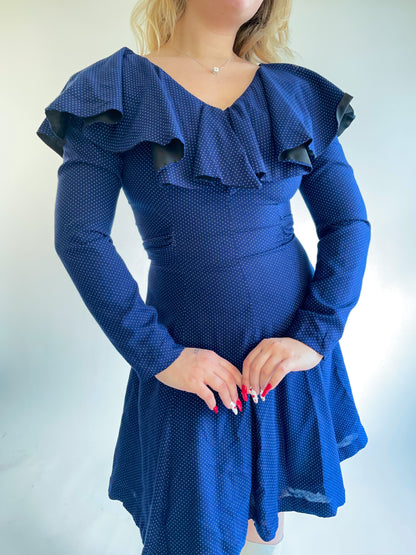 70s Navy Polka Dot Ruffled Mini Dress (S/M)