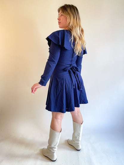 70s Navy Polka Dot Ruffled Mini Dress (S/M)