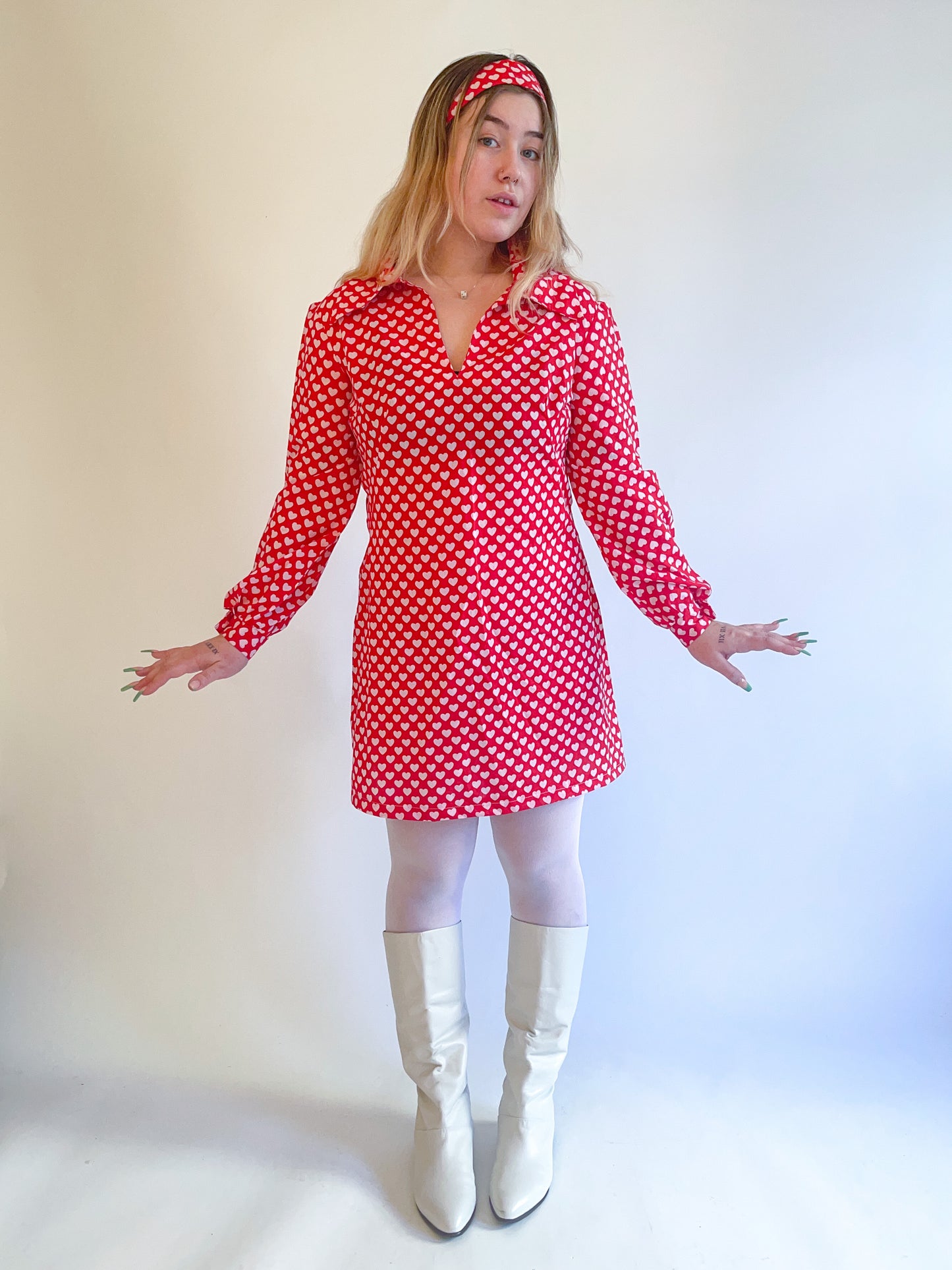 70s Handmade Heart Print Mini Dress & Scarf Set
