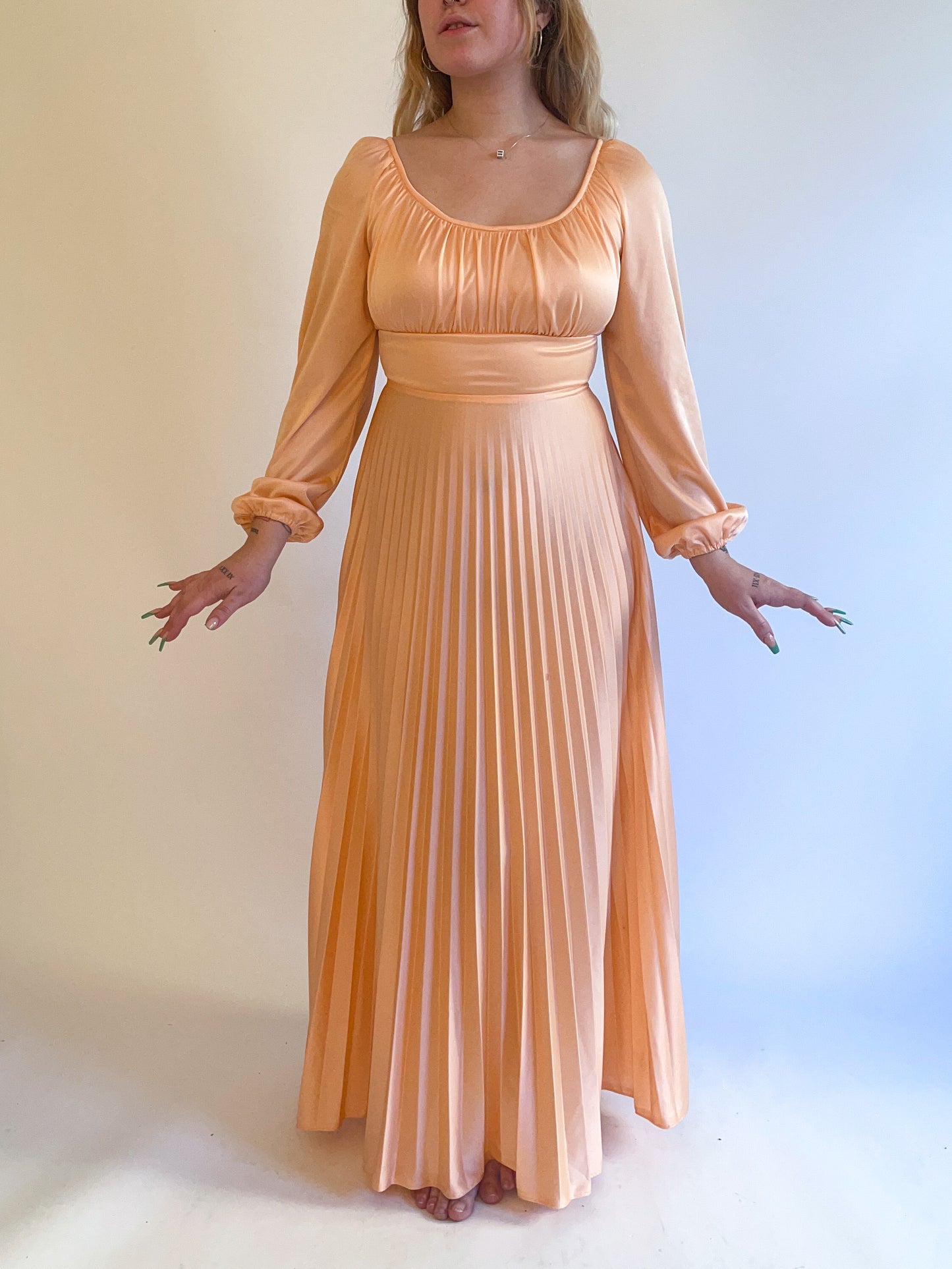 70s Peach Balloon Sleeve Pleated Gown