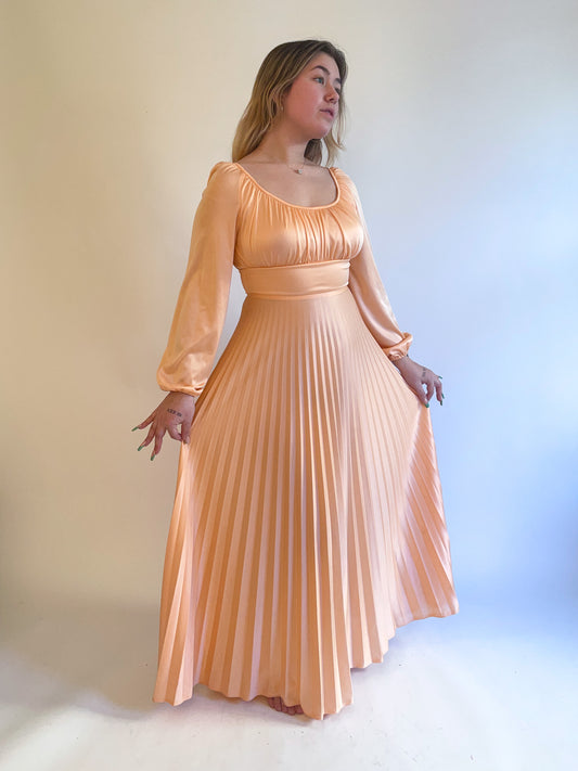 70s Peach Balloon Sleeve Pleated Gown