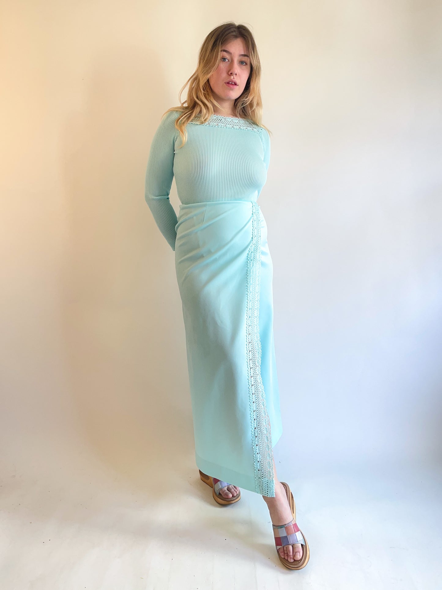 60s Seafoam Wrap Skirt Maxi Dress (S)