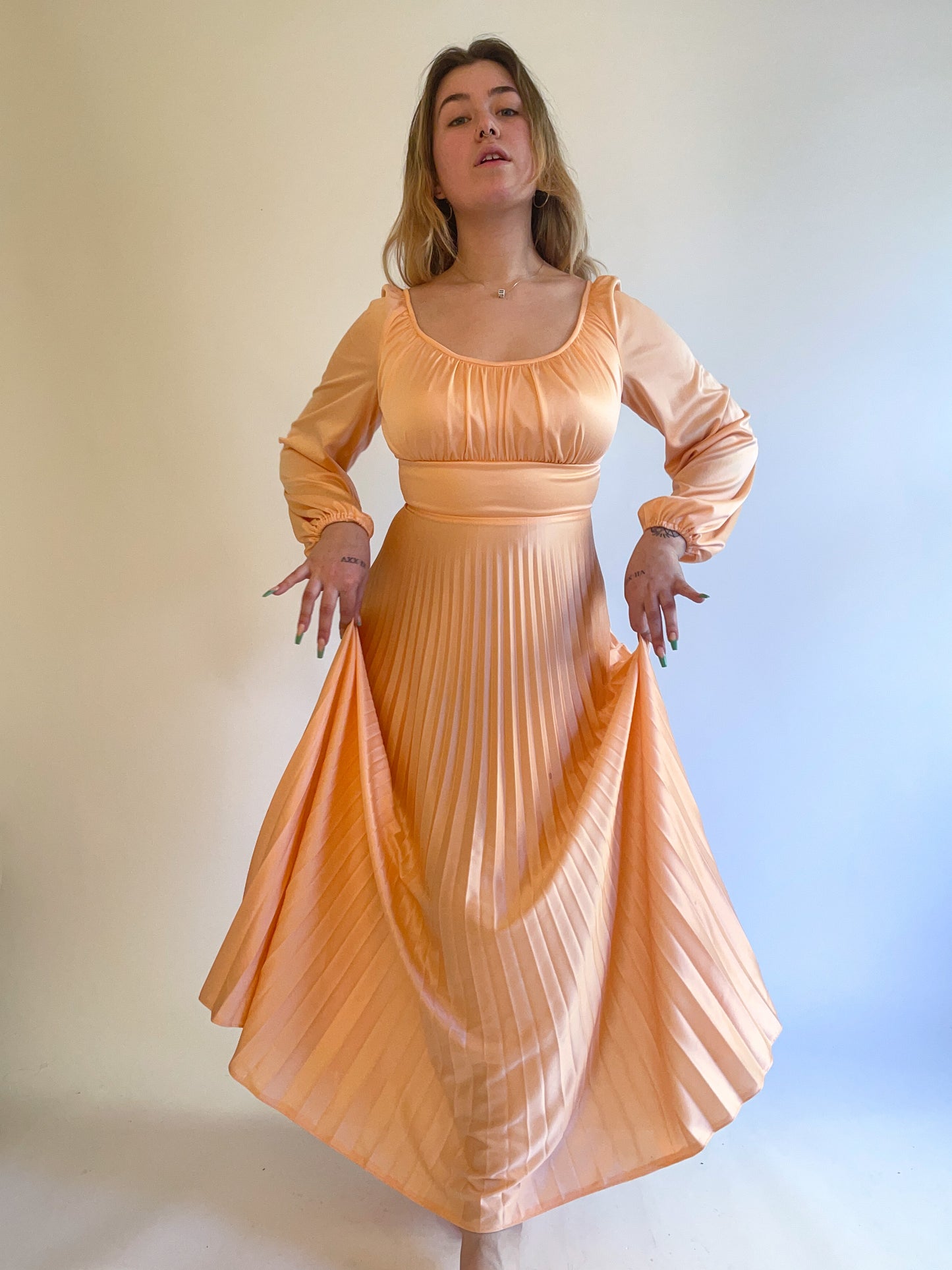 70s Peach Balloon Sleeve Pleated Gown