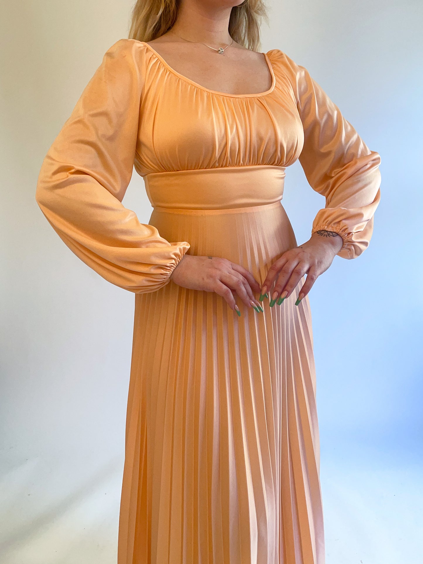 70s Peach Balloon Sleeve Pleated Gown