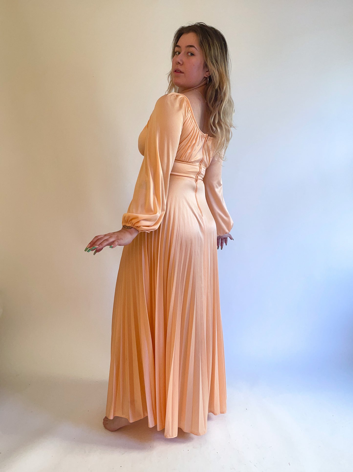 70s Peach Balloon Sleeve Pleated Gown