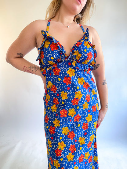 70s ABC Flower Print Maxi Dress (M)