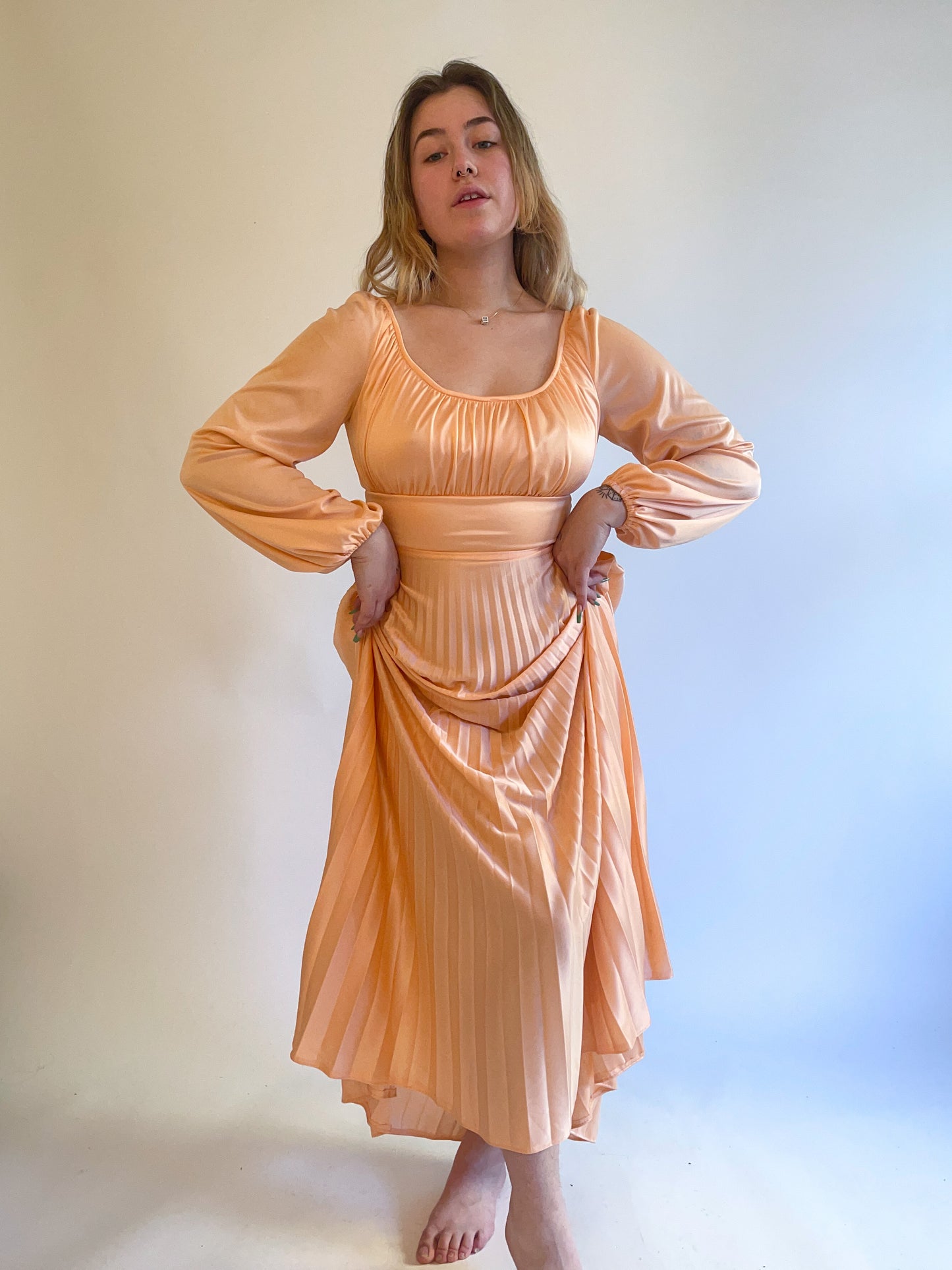 70s Peach Balloon Sleeve Pleated Gown