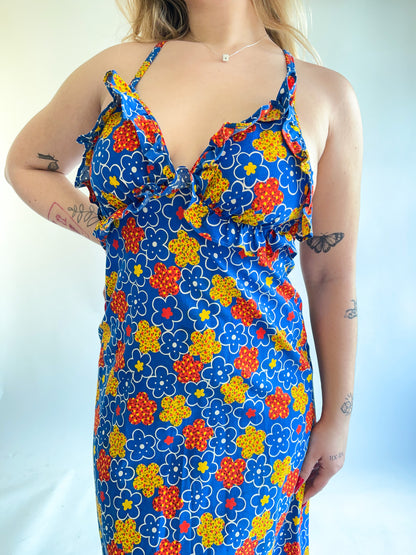 70s ABC Flower Print Maxi Dress (M)