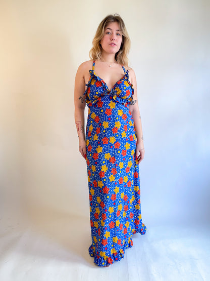 70s ABC Flower Print Maxi Dress (M)