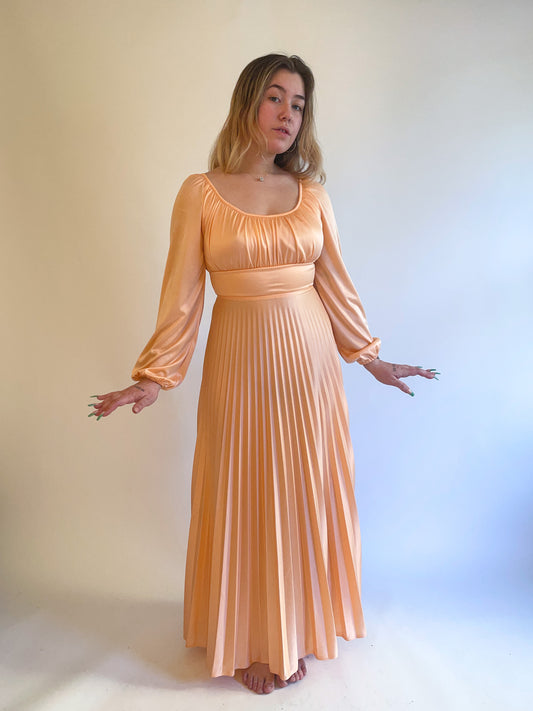 70s Peach Balloon Sleeve Pleated Gown