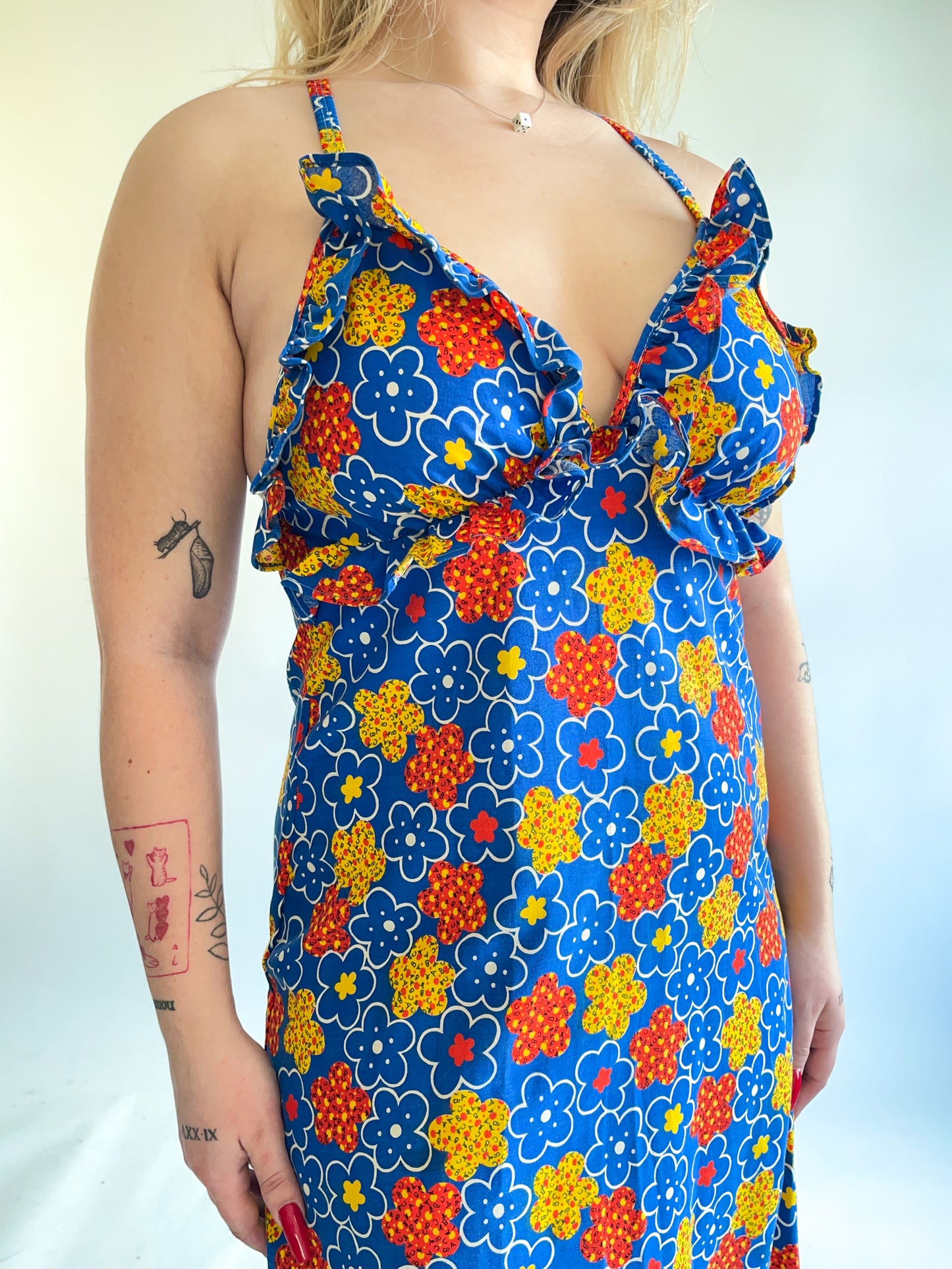 70s ABC Flower Print Maxi Dress (M)