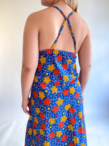 70s ABC Flower Print Maxi Dress (M)