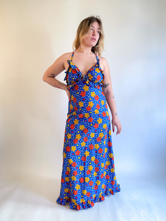 70s ABC Flower Print Maxi Dress (M)