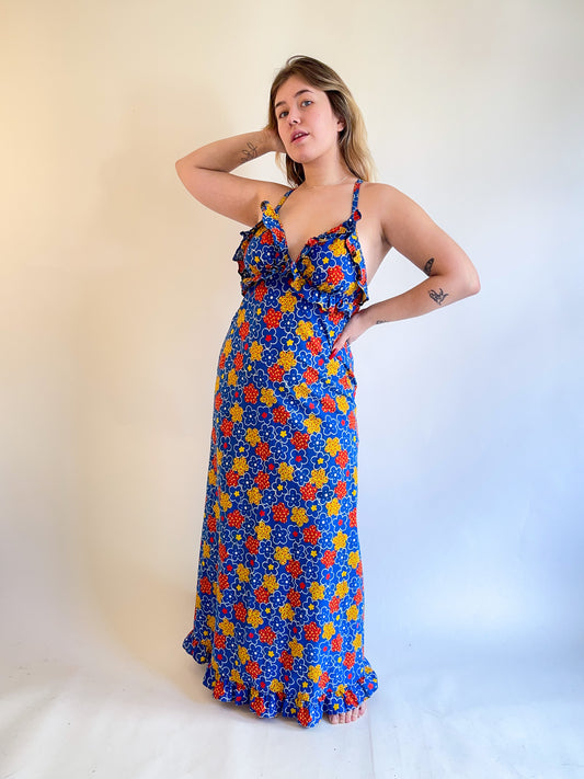 70s ABC Flower Print Maxi Dress (M)