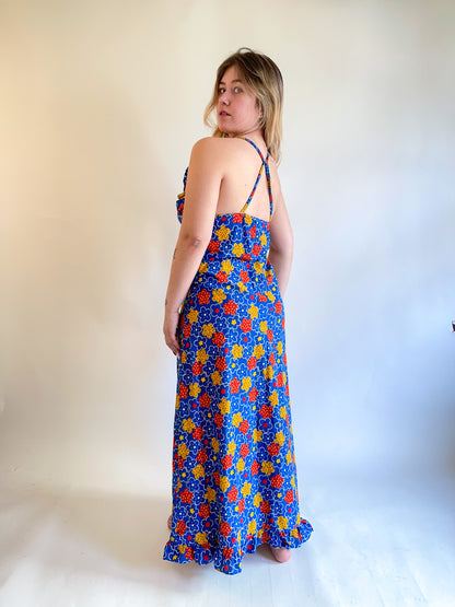 70s ABC Flower Print Maxi Dress (M)