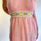 70s Pink Gingham Halter Dress With Floral Embroidered Trim (XS)