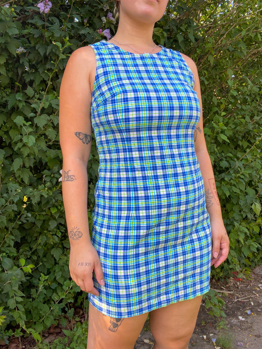 90s Blue & Green Plaid Mini Dress (M)