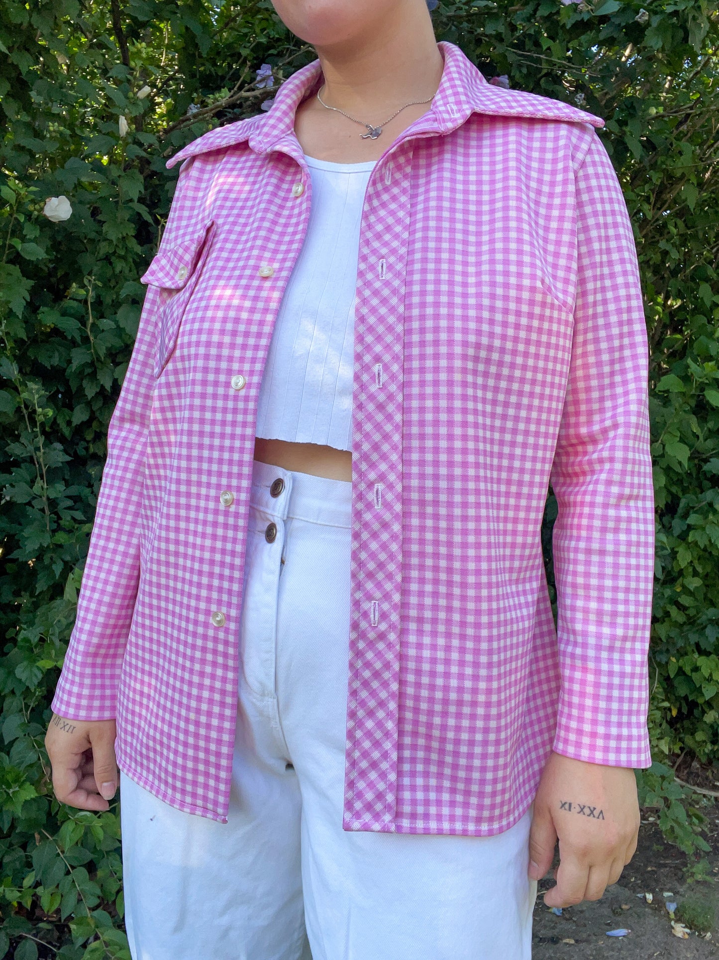 70s Lilac Gingham Button Up Shirt Jacket (L)