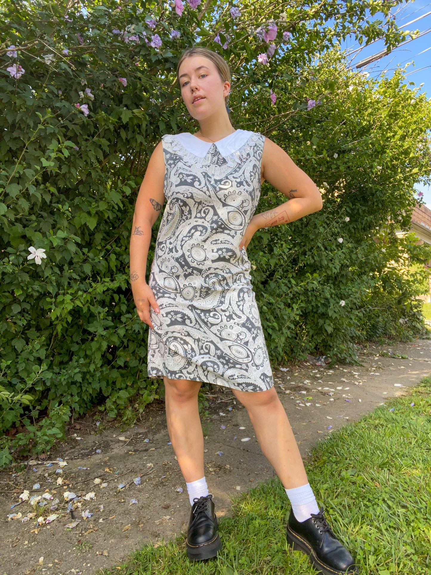 60s Black & White Paisley Collared Day Dress (M)