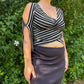 90s Black & White Striped Shoulder Cut Out Crop Top (S/M)