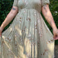 90s Sage Green Smocked Floral Midi Dress (S/M)