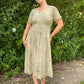 90s Sage Green Smocked Floral Midi Dress (S/M)