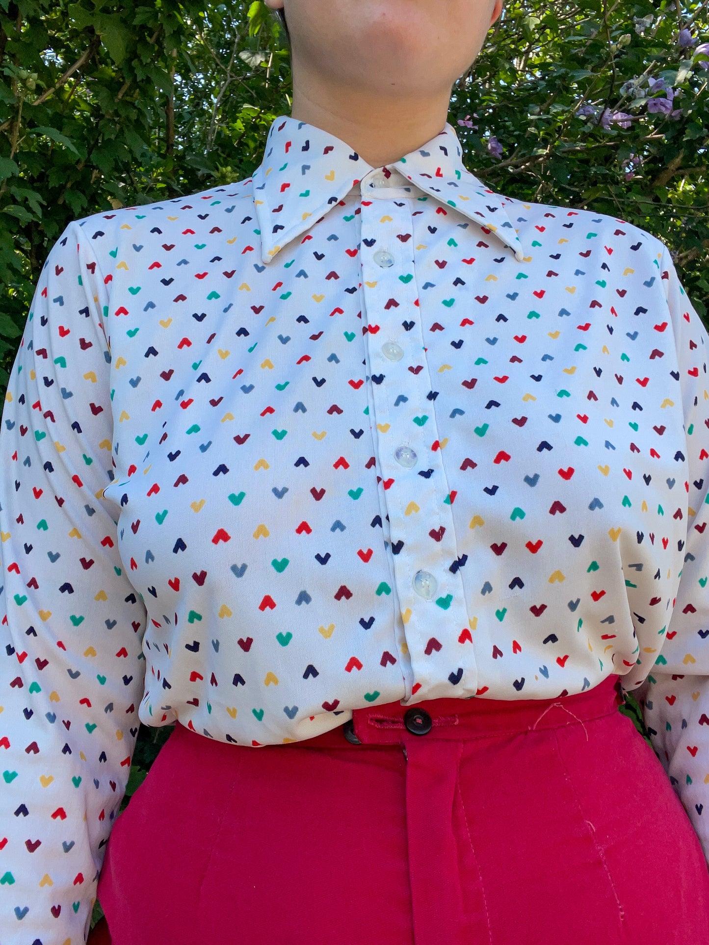 70s Rainbow Heart Print Button Up Top (L)