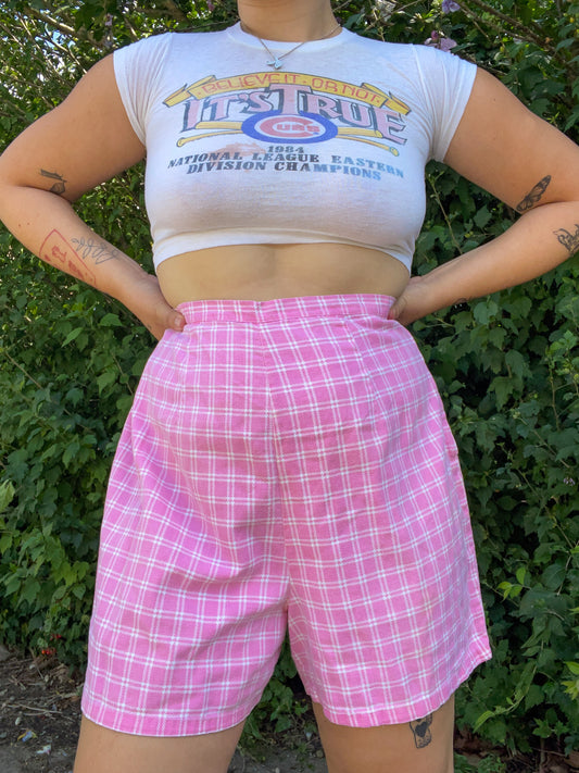 60s Pink Plaid Side Zip Shorts (W34")