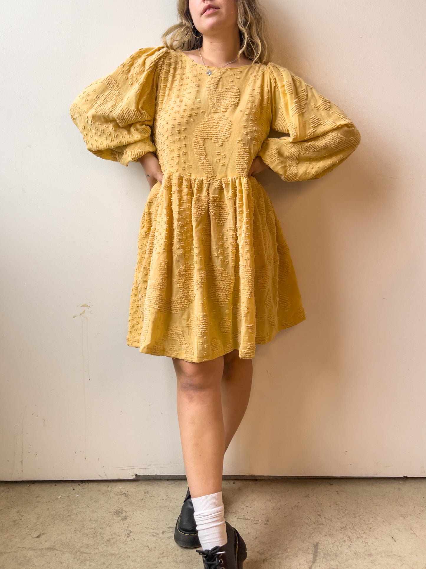 Handmade Yellow Chenille Puff Sleeve Mini Dress