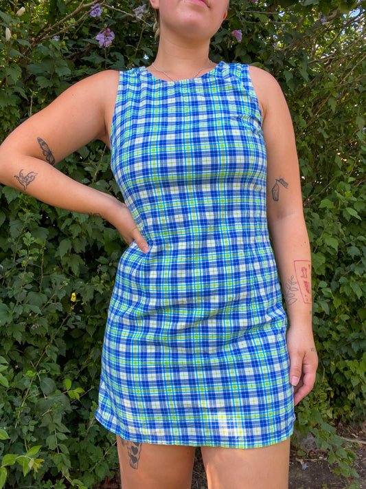 90s Blue & Green Plaid Mini Dress (M)