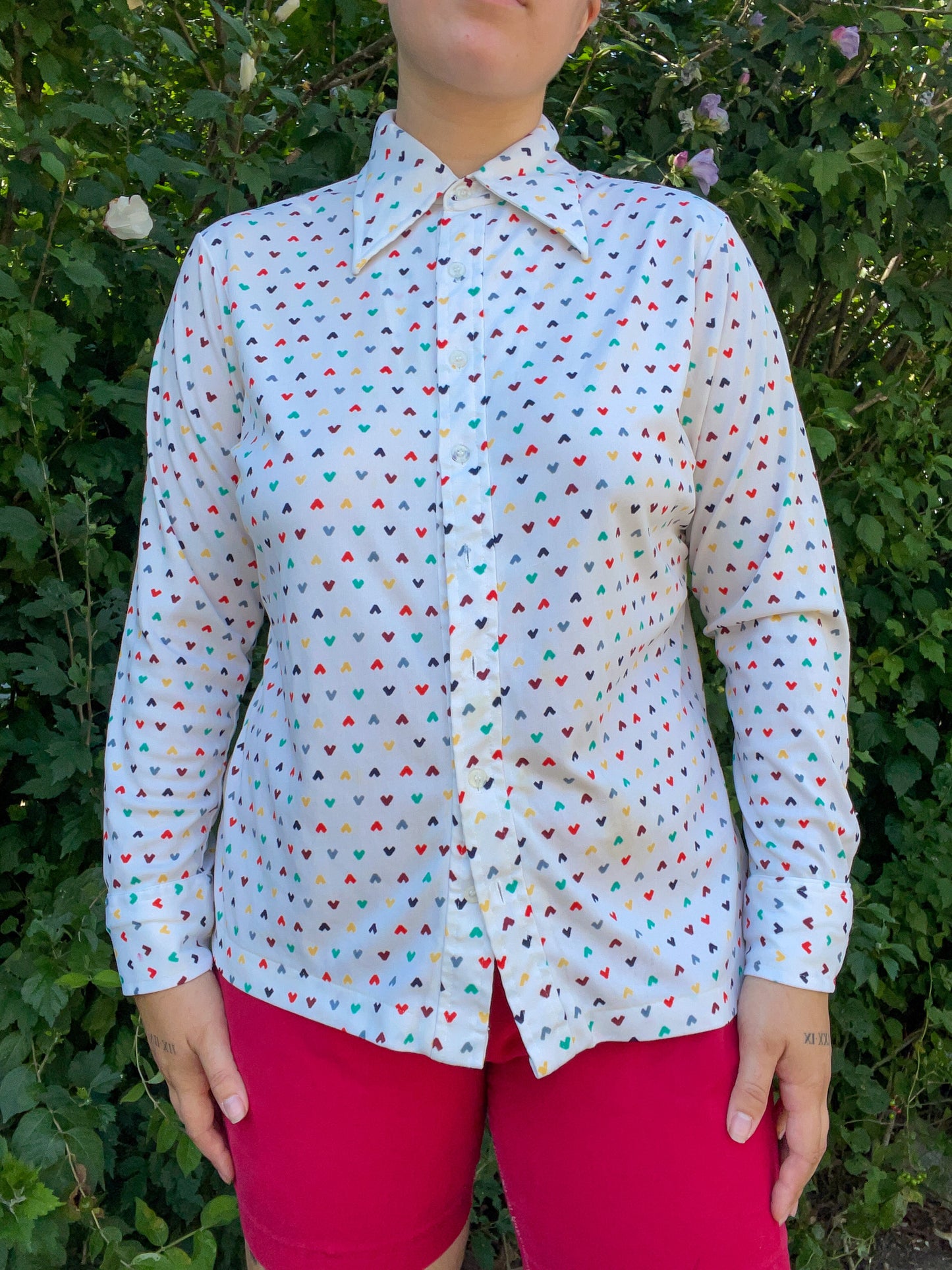 70s Rainbow Heart Print Button Up Top (L)