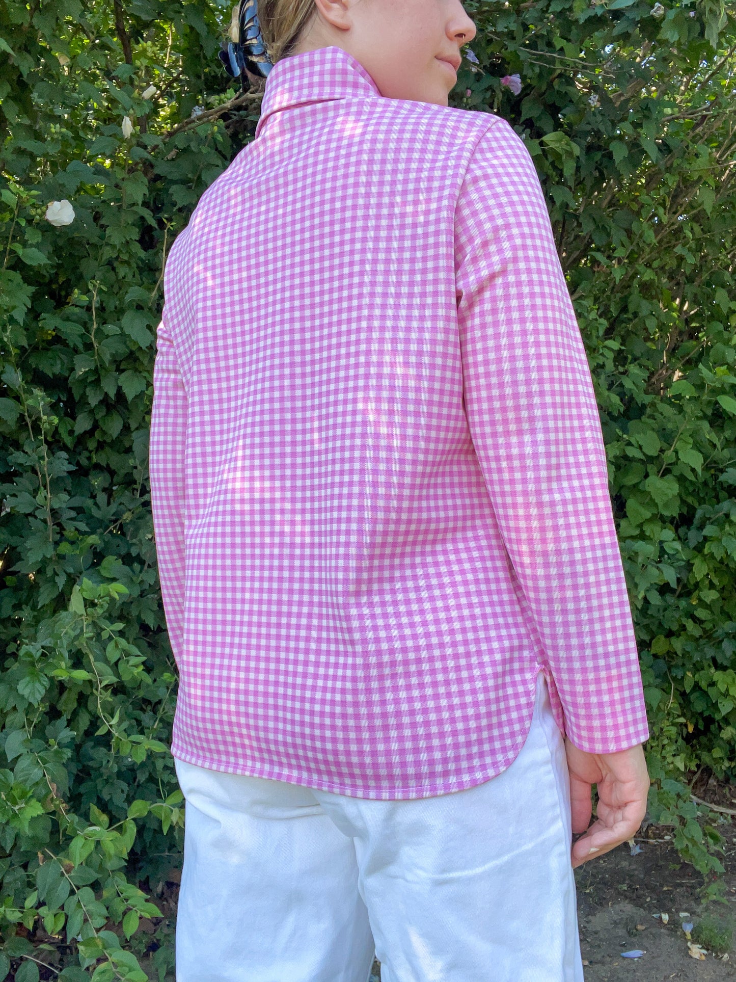 70s Lilac Gingham Button Up Shirt Jacket (L)